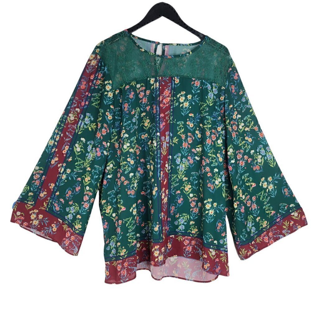 Women's Green Floral Boho Bell Sleeve Blouse Plus